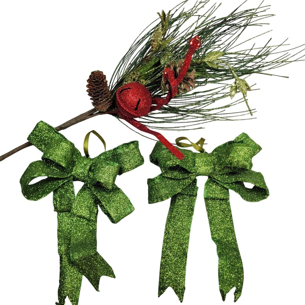 2 Glitter Christmas Bow Ornament 1 Green Holiday Decor Pine Branch Pick Greenery